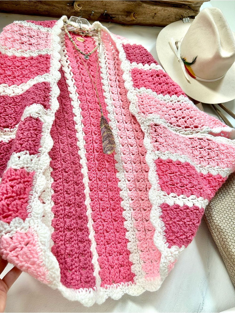 Artisan Pink & Cream Crochet Open Shrug cocoon kimono w cottagecore vibe